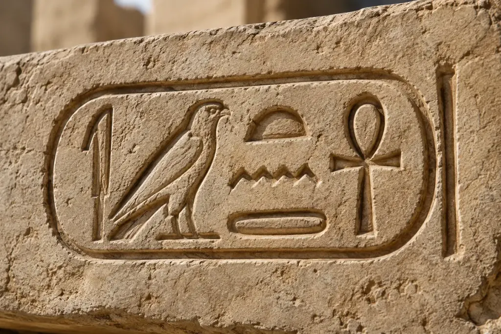 An illustrative carved cartouche on a limestone surface.