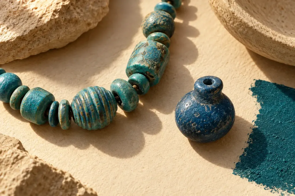 Imaginary turquoise beads and a small glazed form on a sandy paper surface