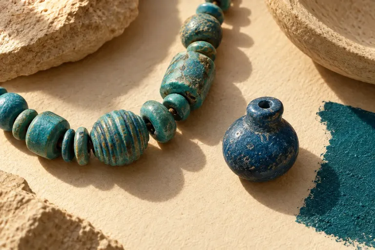 Imaginary turquoise beads and a small glazed form on a sandy paper surface