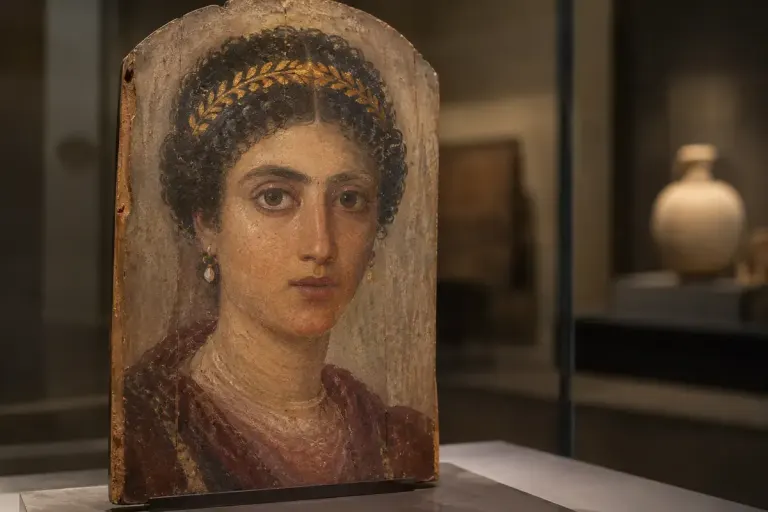 An illustrative replica of a painted wooden mummy portrait panel.