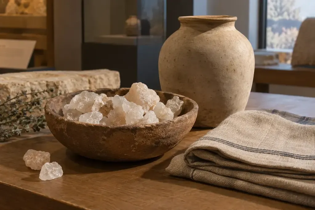 Pale mineral crystals, linen and a ceramic jar in an illustrative educational still life.