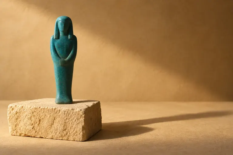Stylized imaginary turquoise figurine on a sandstone block without inscriptions