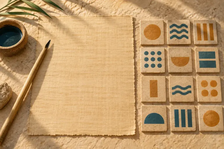 Reed pen, blank paper and abstract geometric tiles in teal and ochre